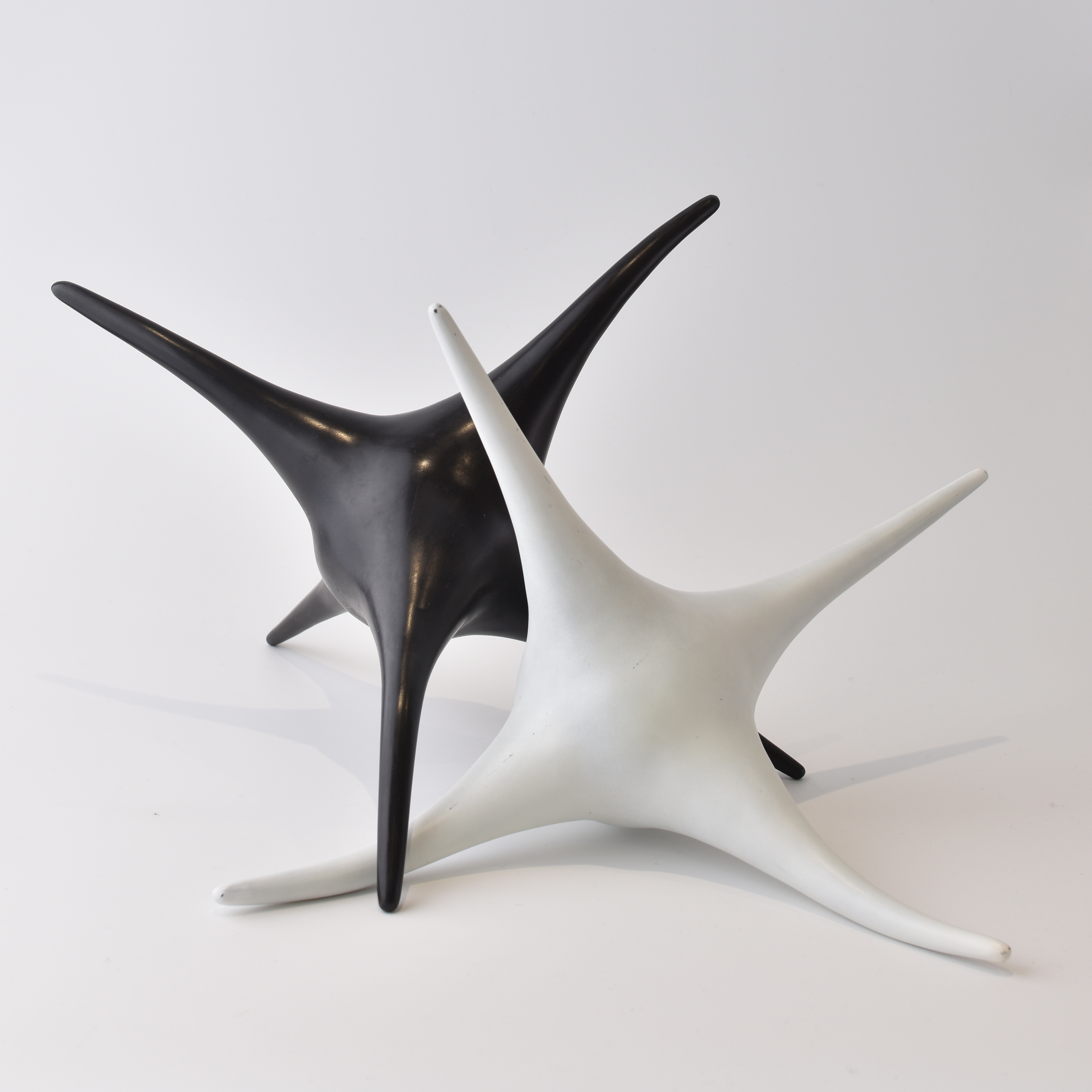 two forms one black one white each with five long bending tapering limbs that sit interlocked hand made from bronze