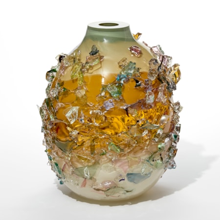 round droplet shaped glass vase in sage green yellow amber and alabaster covered in organic soft shards in mint blue and pink hand made from glass