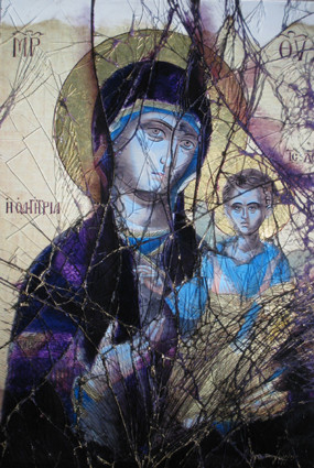 glass art canvas of virgin mary and child in dark purple and beige