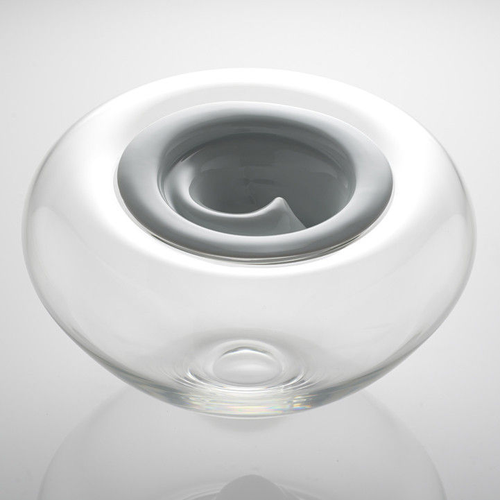 minimalist clear glass bowl sculpture with grey swirl in centre