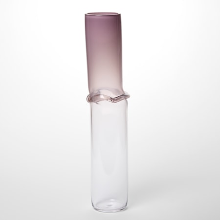 very tall transparent cylinder vessel with the top in opaque dark pink lilac fading to clear at the bottom with a central banded creased section hand made from blown glass