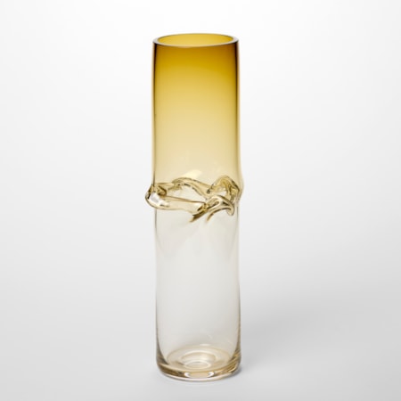 tall cylindrical vessel fading from rich amber at the top to clear at the base with a central creased waisted section hand blown from glass