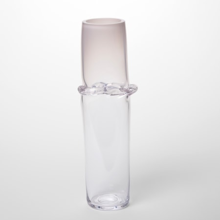 clear cylinder fading from soft opaque pink at the top to clear at the bottom with a creased meridian encircling the form a third of the way down from the top hand made from blown glass