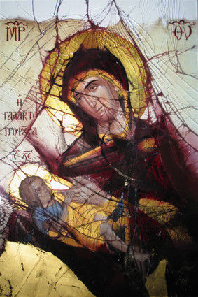 detailed and colourful modern art glass canvas of virgin mary and child in orthodox style