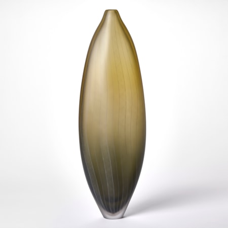 tall opaque soft lozenge shaped vase with narrow foot and small top opening in grey merging to olive green at the top with a fine top surface latticed pattern hand made from blown glass