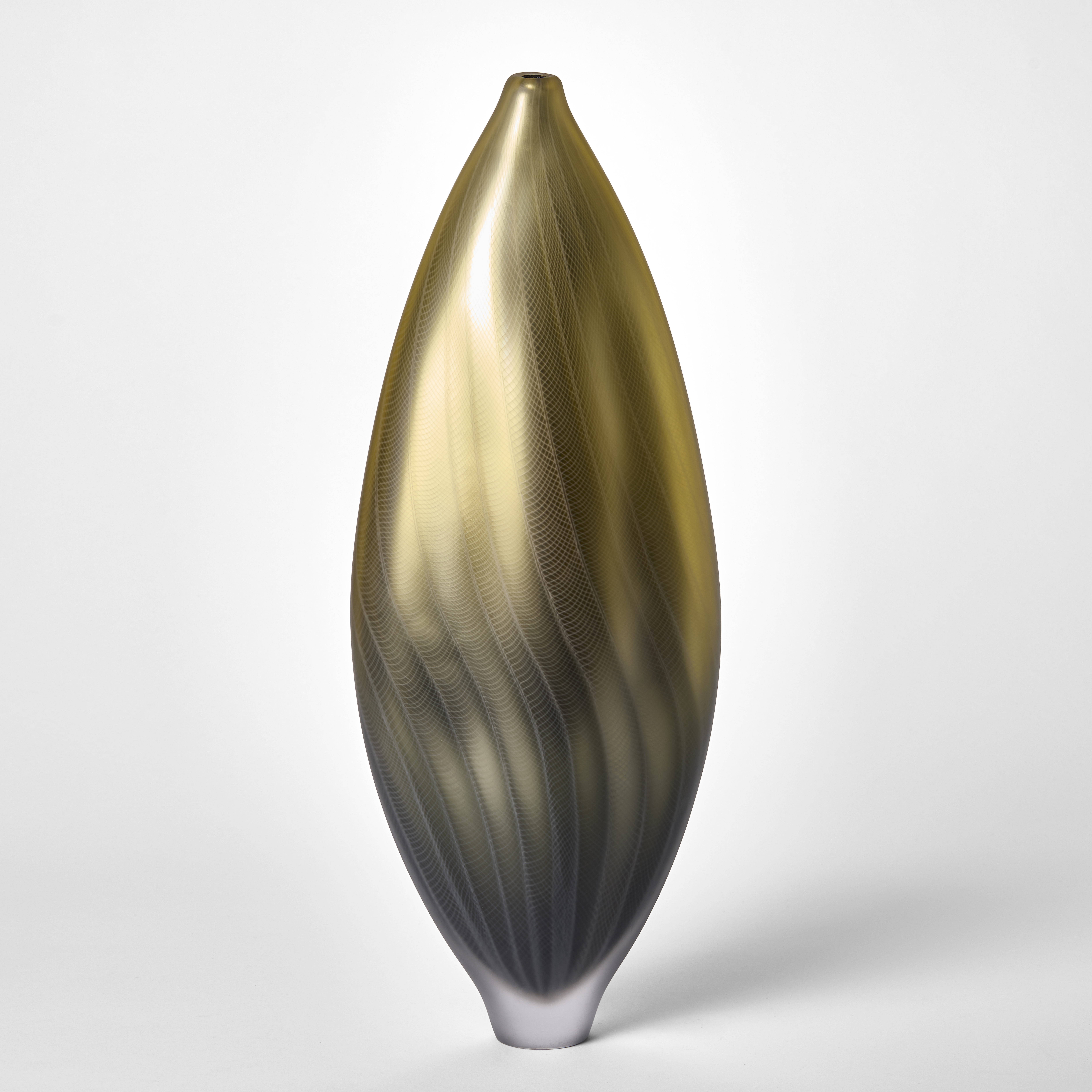 tall pointed vase with narrow foot and small top opening with a satin metallic finish in grey merging upwards to soft gold with a wavy fine surface pattern on top hand made from blown glass