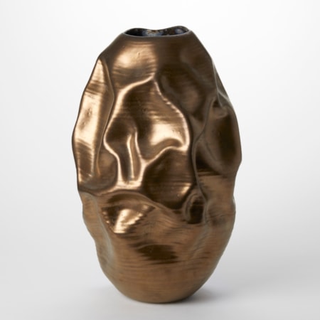 oval standing vessel with soft oversized creases and undulations all over the form with a metallic golden bronze finish hand thrown from clay