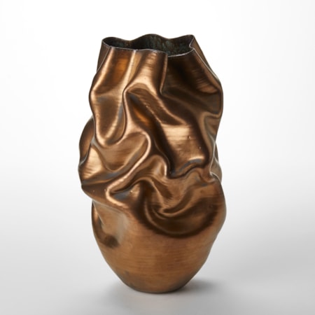 wrinkled and creased standing vessel with undulating top edge with a burnished gold finish on the exterior hand made from clay