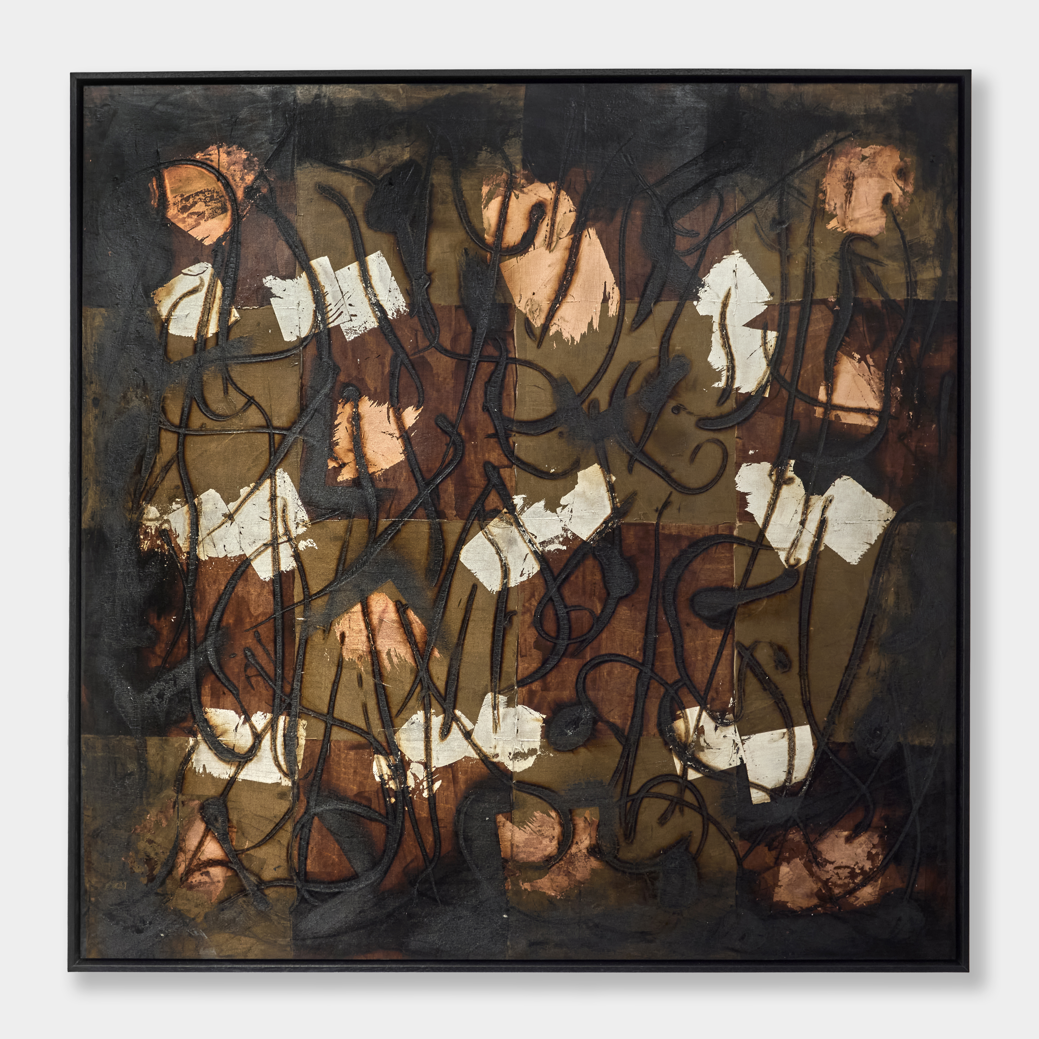 acrylic abstract painting in brown and black with patches of copper and silver leaf and scorched trails creating from molten glass