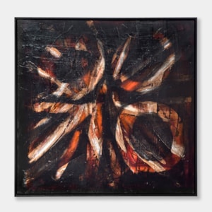 abstract acrylic painting on canvas in black red orange white and taupe with large scratchy motifs in three circles and one arrow