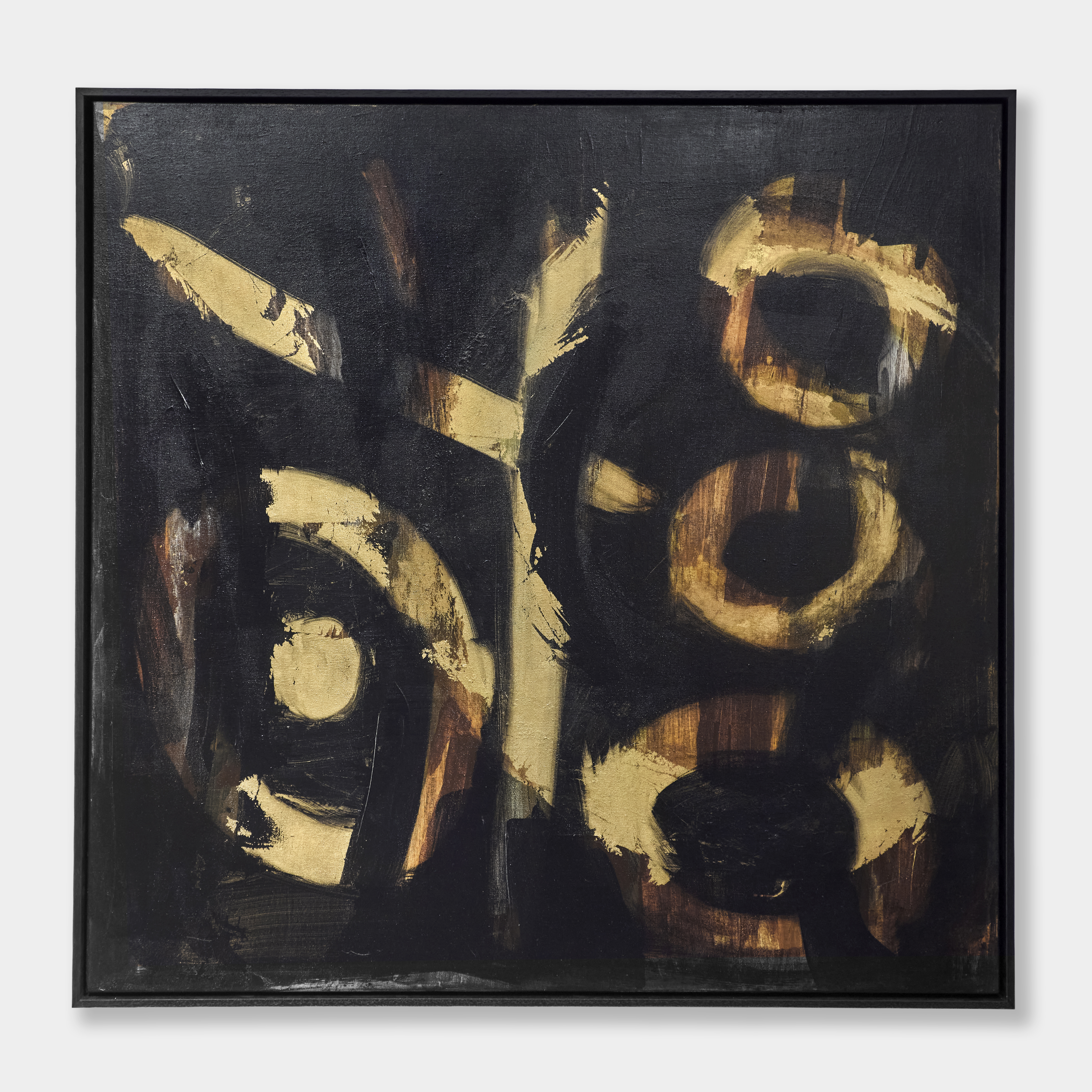 abstract acrylic painting in black sienna and taupe with large circular and line motifs set within a black wooden frame