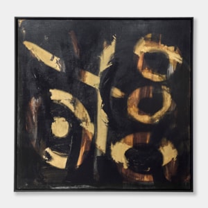 abstract acrylic painting in black sienna and taupe with large circular and line motifs set within a black wooden frame