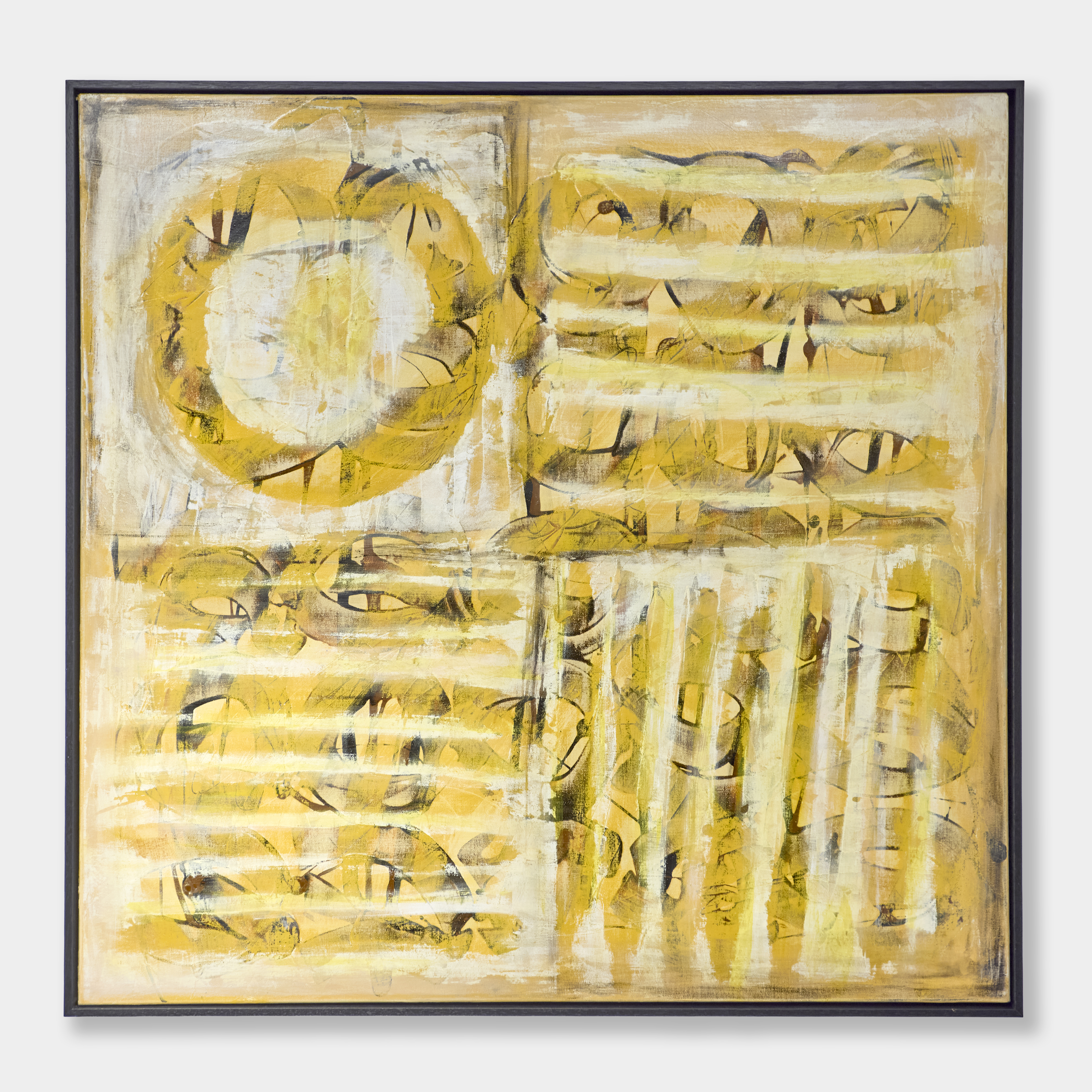 square acrylic abstract painting in yellow black and white with one large circular motif and three sections of stripes two horizontal one vertical