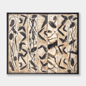 rectangular painting created from antiqued silver leaf on reclaimed oak veneer with black burnt abstract markings