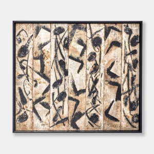 rectangular painting created from aged silver leaf and reclaimed strips of oak veneer with black abstract burnt surface patterns set within a black wooden frame