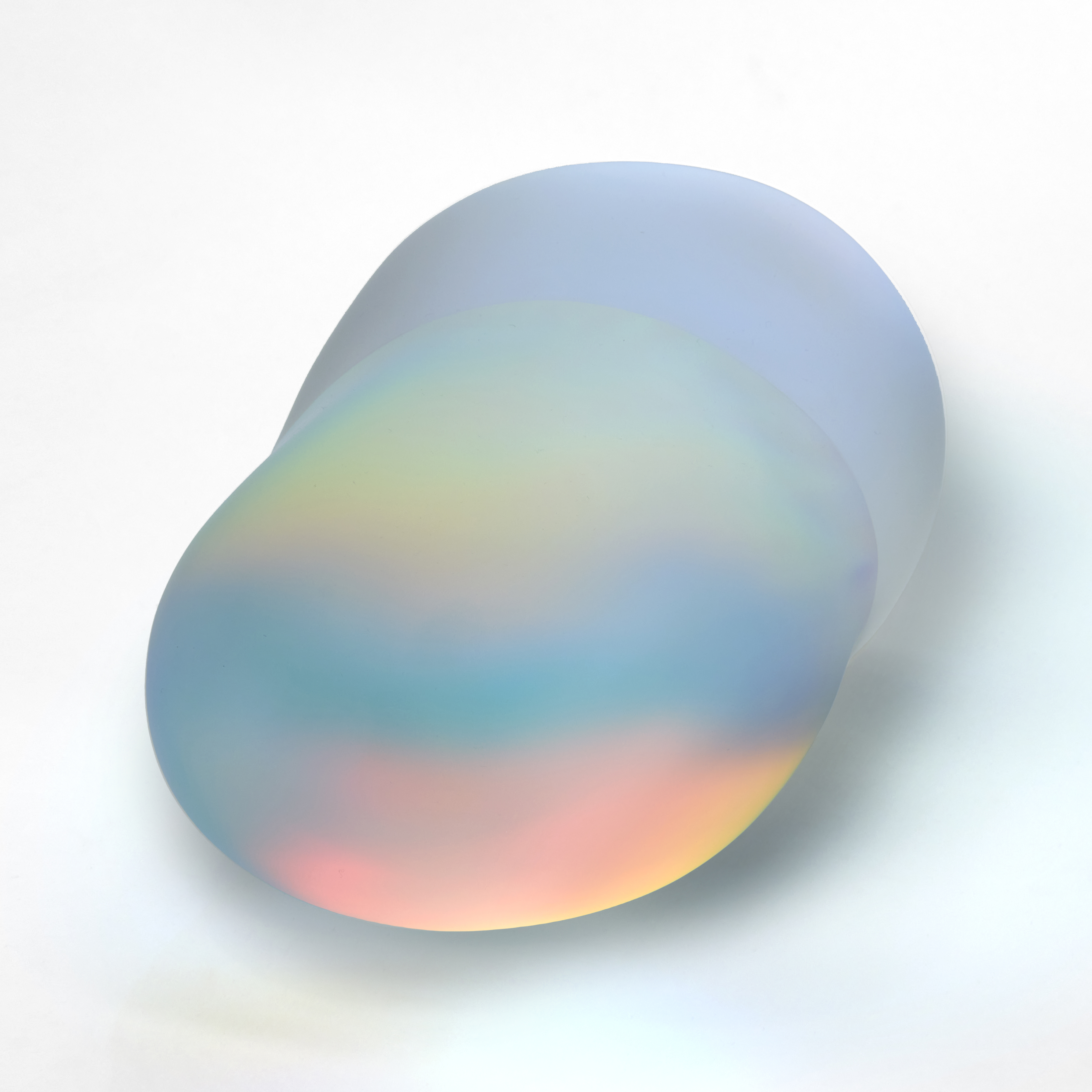 peanut shaped opaque semi transparent stone with a smooth surface and iridescent colours emitting from within hand made from glass