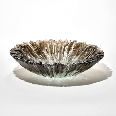 low round textured centrepiece and bowl in translucent bronze brown fading to the centre in light jade with the top surface covered in soft wavy ridges hand made from fused glass