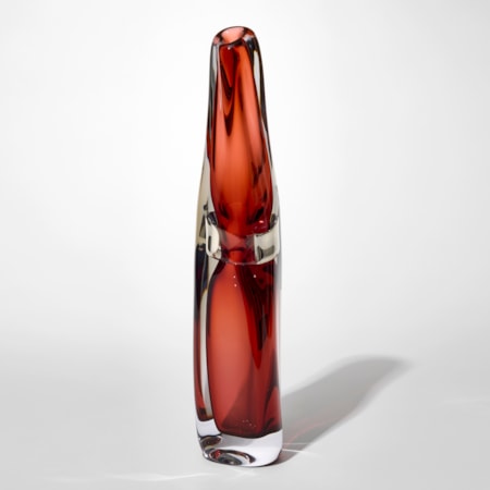 tall transparent sculptural vase with small top opening and layers in clear and sienna with a clear banded section trapped within at the waist of the piece hand blown from glass