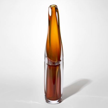 tall twisting tapering soft column shaped vase with an outer clear layer and inner soft undulating layer in burnt toffee amber hand blown from glass