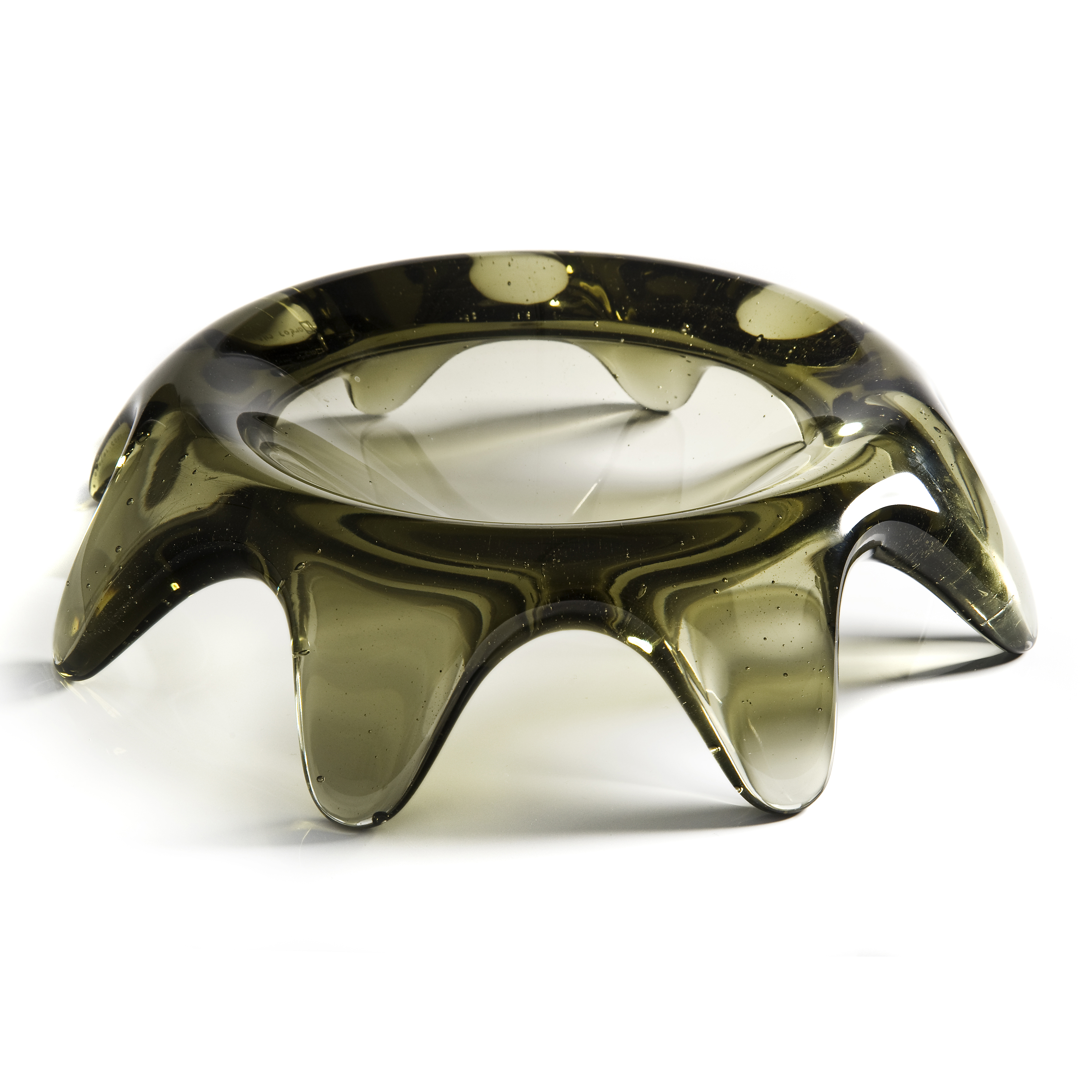 cold cast glass grandfather's bowl sculpture looking like upside down ashtray in amber