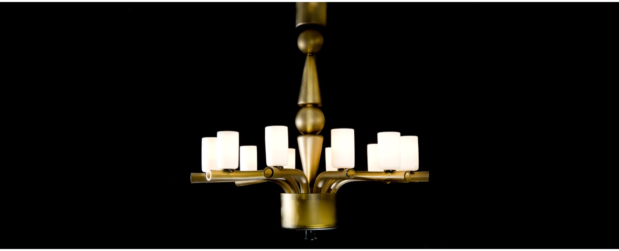 Balustrade chandelier by Simon Moore | with new ‘Deco Cup’ shade